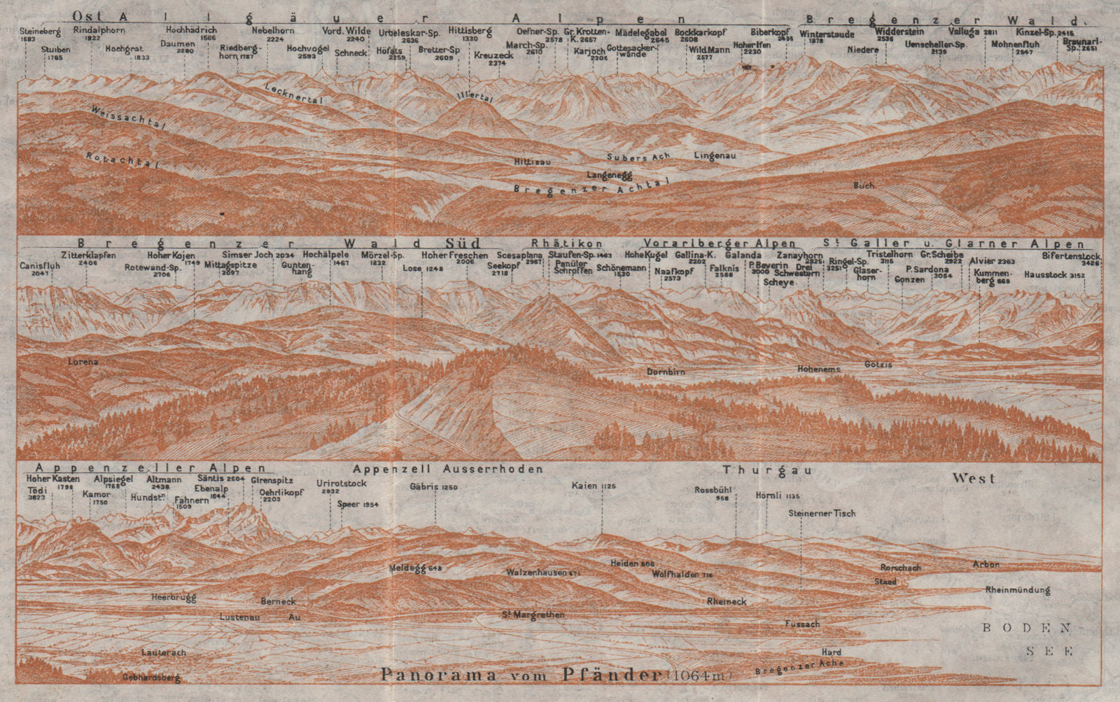PANORAMA from/vom PFÄNDER (1064m). Vorarlberg. Österreich. Pfander 1923 map